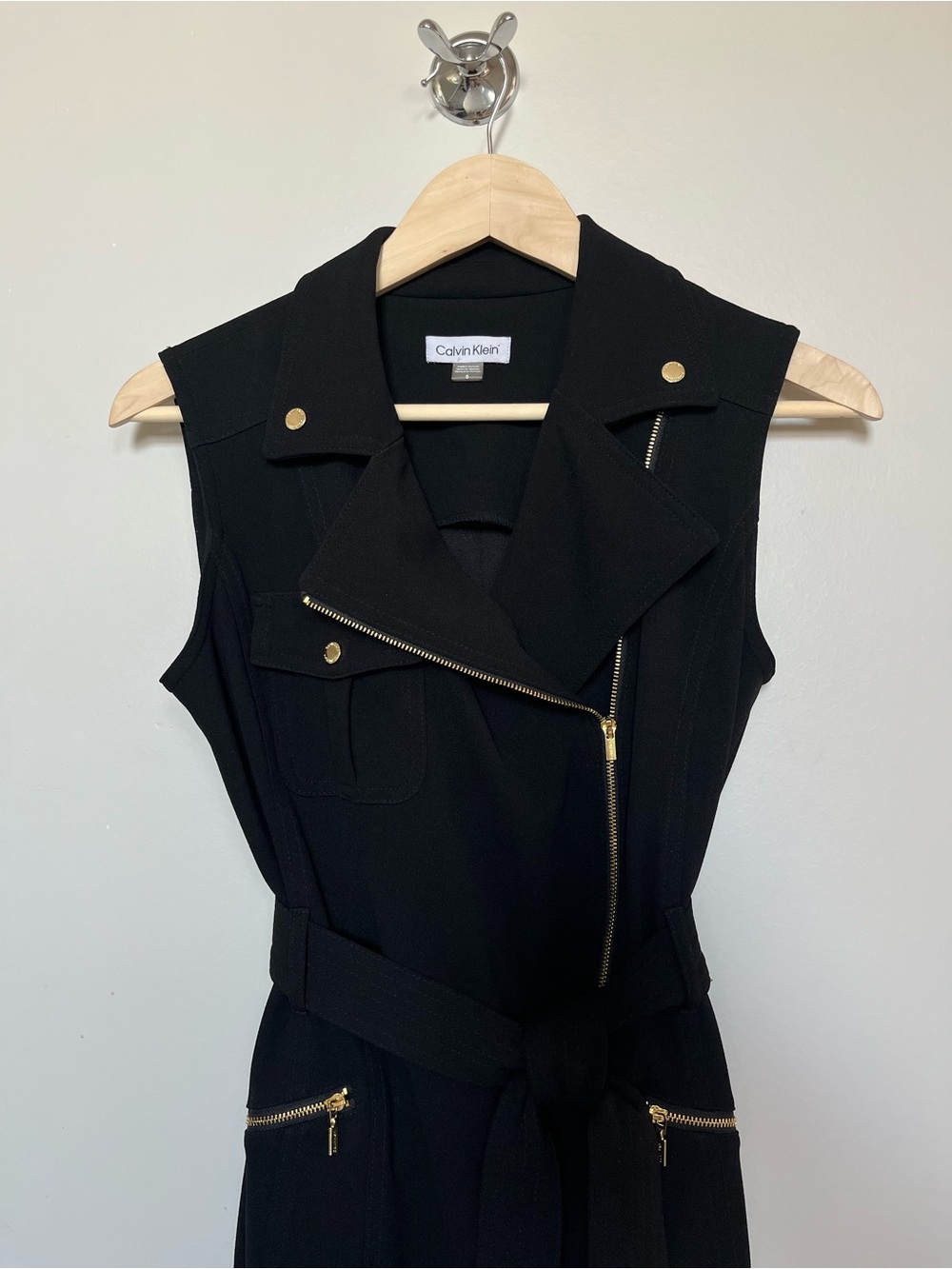 Calvin Klein Black Sleeveless Moto Dress with Gold Zippers and Branded Hardware - Picture 4 of 10